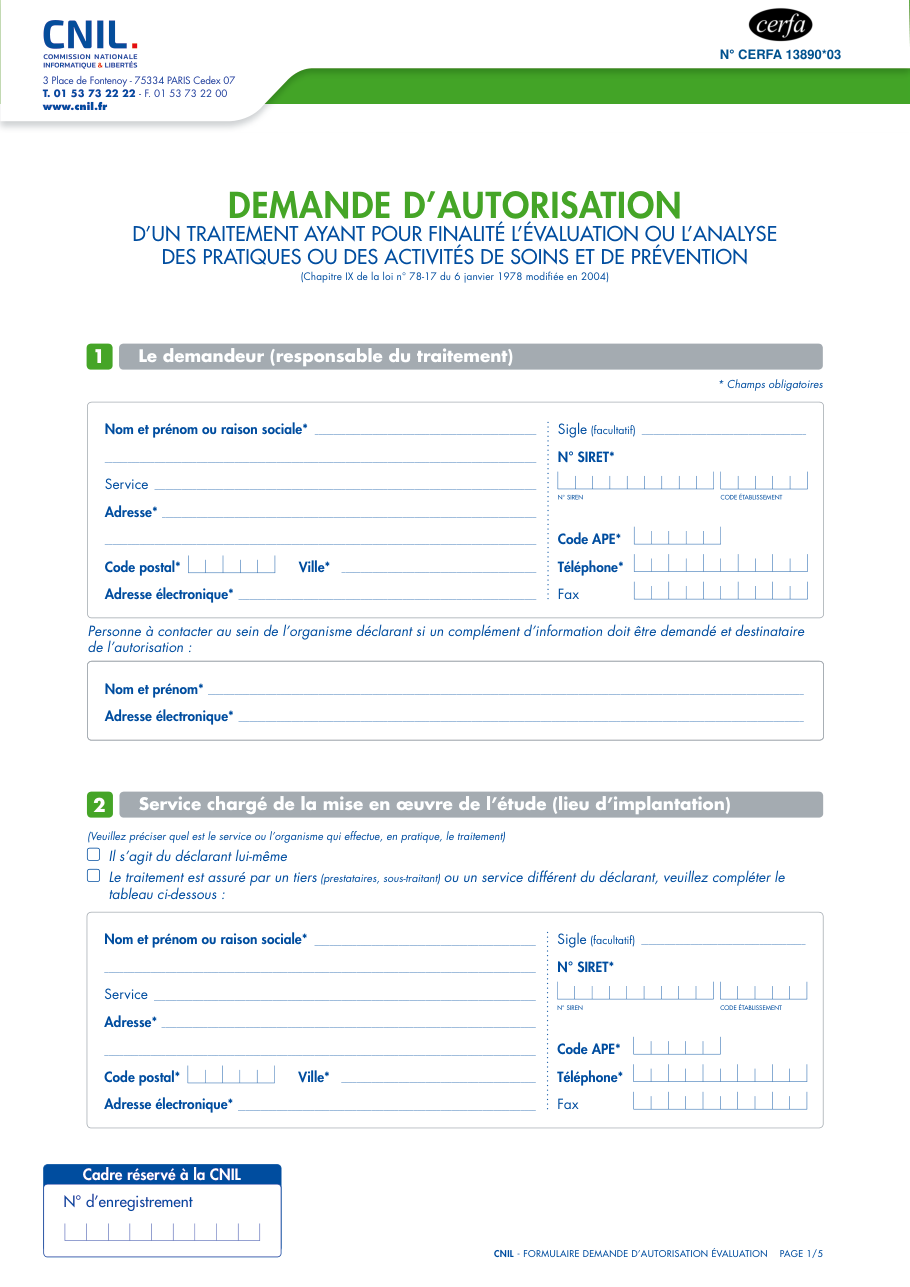 Page 1 du formulaire cerfa 13890 — Demande d'autorisation CNIL d'un traitement de données pour l'évaluation ou l'analyse