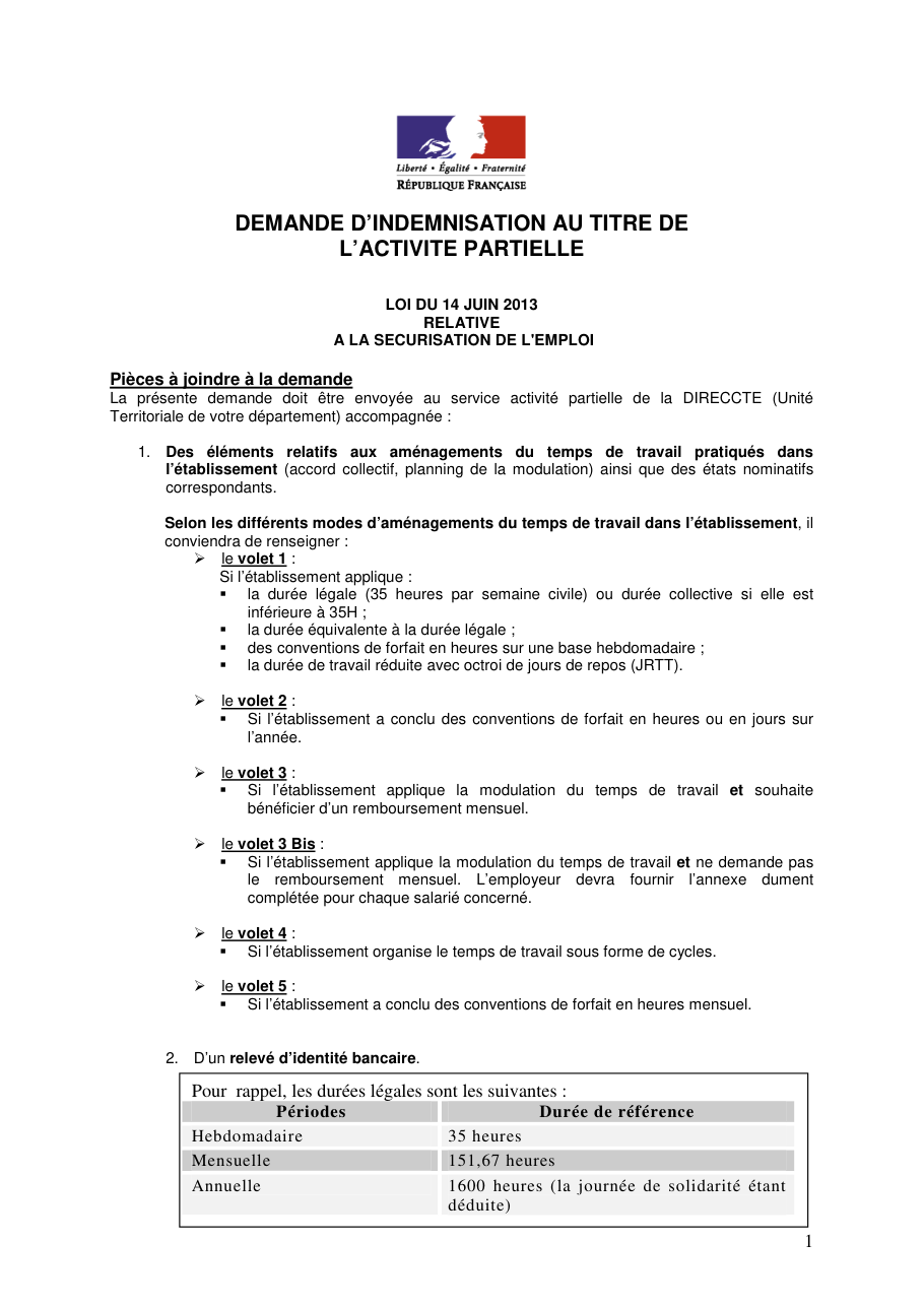 Page 1 du formulaire cerfa 13897 — Demande d'indemnisation au titre de l'activité partielle
