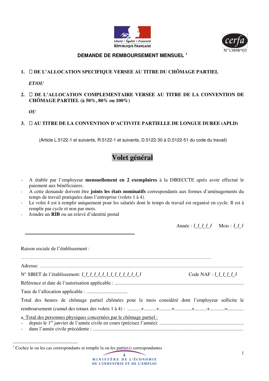 Page 1 du formulaire cerfa 13898 — Demande de remboursement mensuel