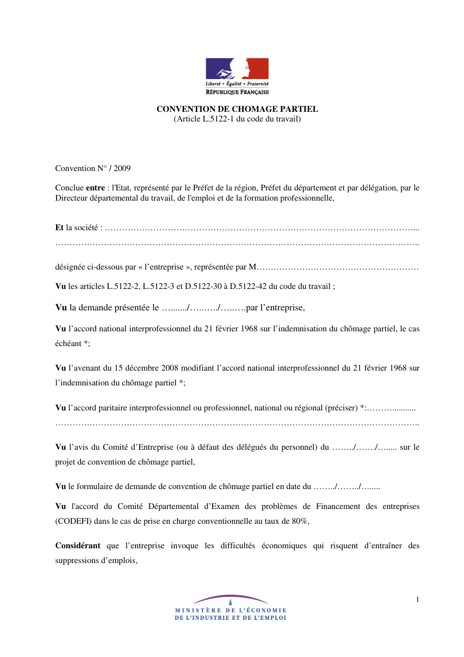 Page 1 du formulaire cerfa 13900 — Convention de chômage partiel