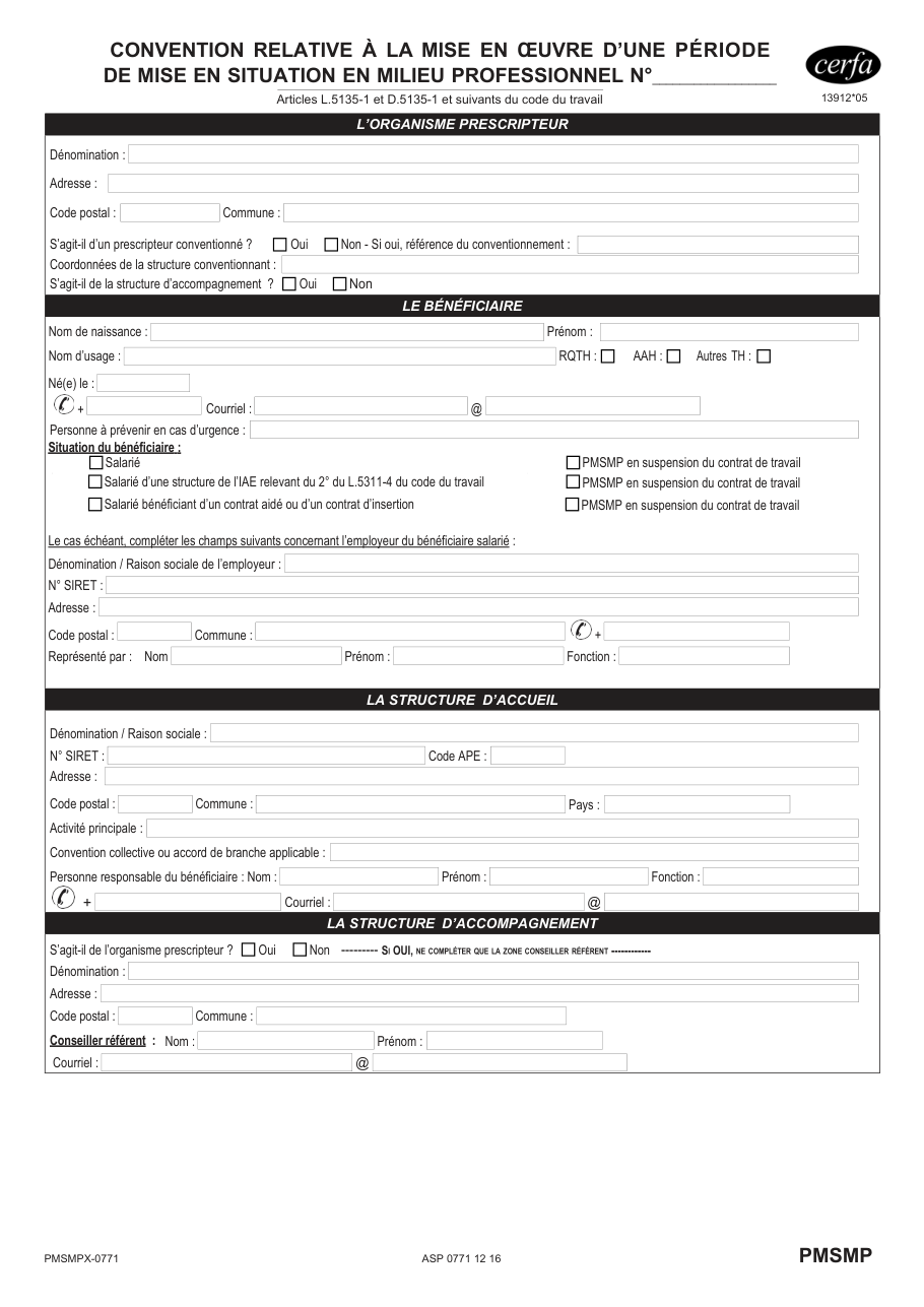 Page 1 du formulaire cerfa 13912 — Convention relative à la mise en œuvre d'une période de mise en situation en milieu professionnel