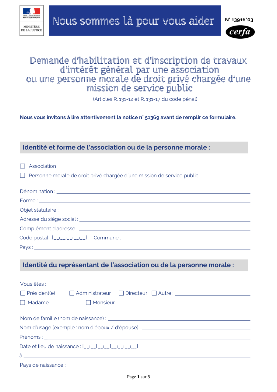 Page 1 du formulaire cerfa 13916 — Demande d'habilitation et d'inscription de travaux d'intérêt général par une association ou une personne morale de droit privé chargée d'une mission de service public