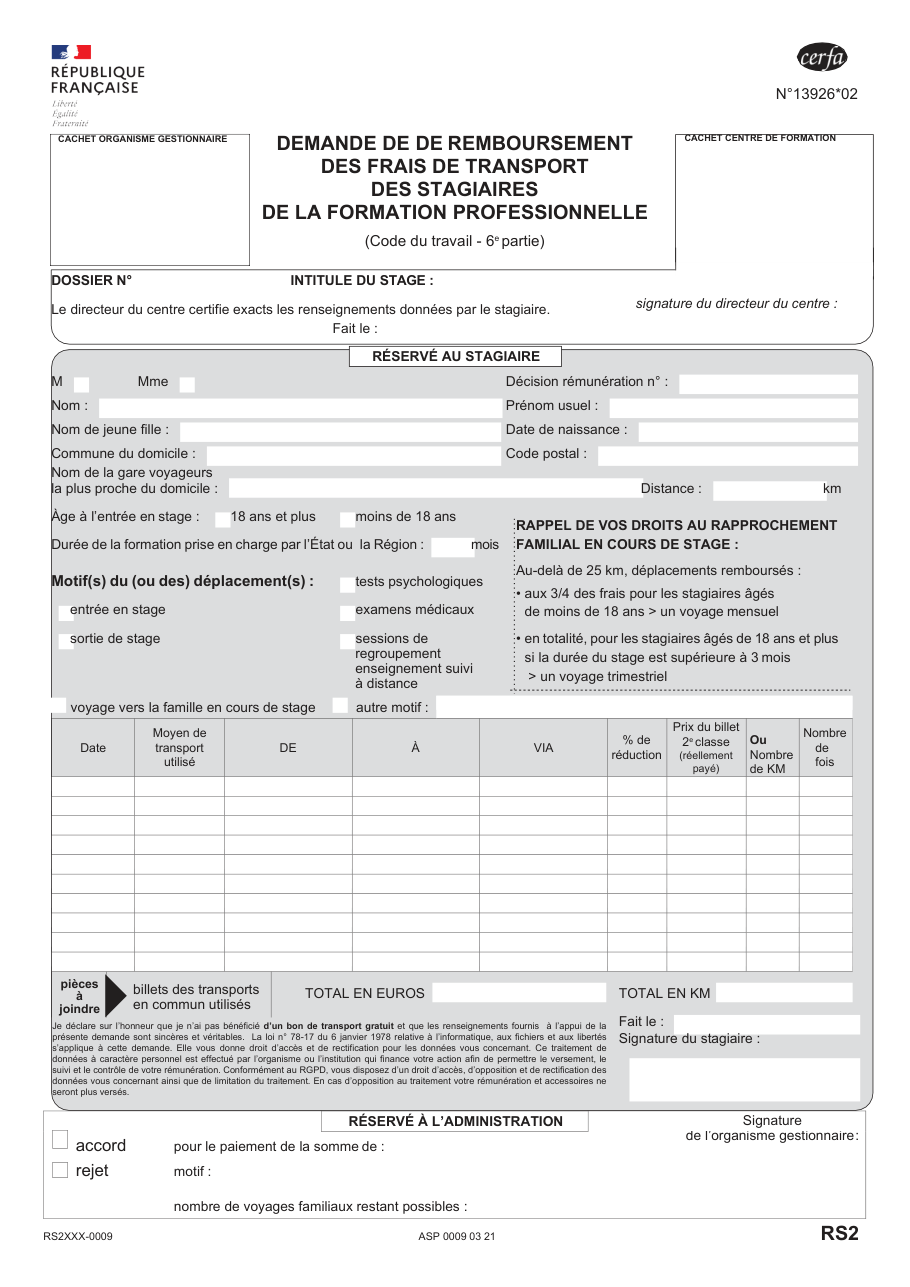 Page 1 du formulaire cerfa 13926 — Demande de remboursement des frais de transport des stagiaires de la formation