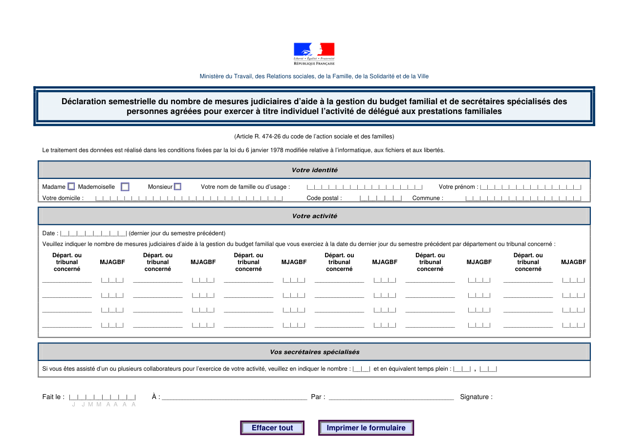Page 1 du formulaire cerfa 13931 — Déclaration semestrielle du nombre de mesures d'aide à la gestion du budget familial