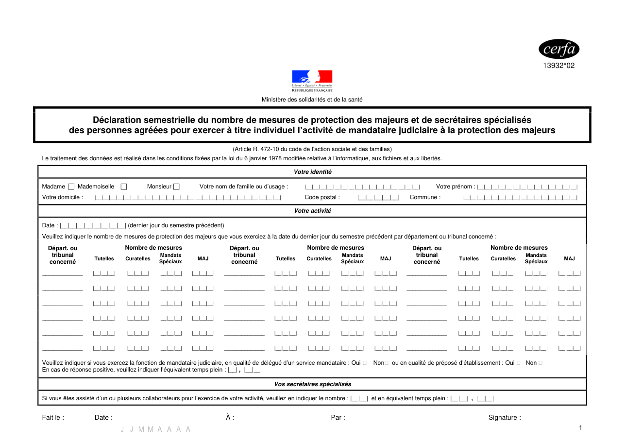 Page 1 du formulaire cerfa 13932 — Déclarer ses mesures de protection des majeurs, semestre après semestre