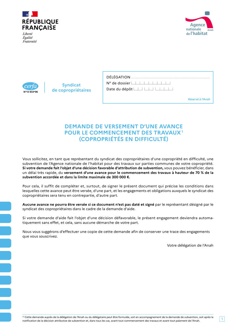 Page 1 du formulaire cerfa 13933 — Demande d'avance pour travaux en copropriété