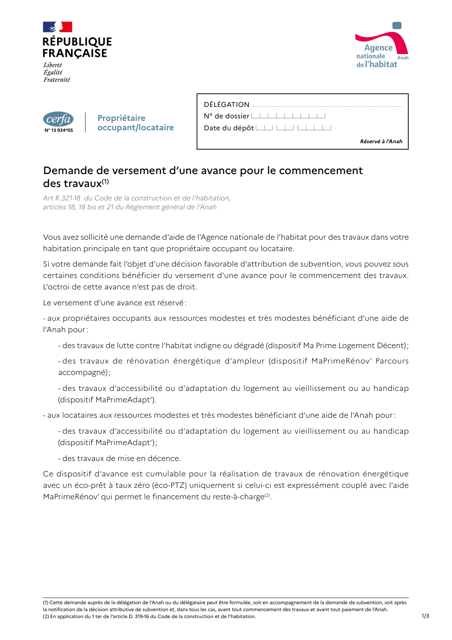 Page 1 du formulaire cerfa 13934 — Demande d'avance pour travaux d'amélioration du logement