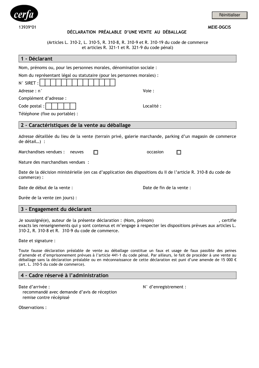 Page 1 du formulaire cerfa 13939 — Déclaration préalable d'une vente au déballage