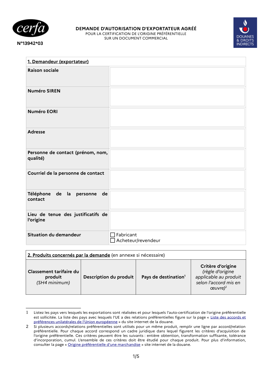 Page 1 du formulaire cerfa 13942 — Demande d'autorisation d'exportateur agréé pour la certification de l'origine