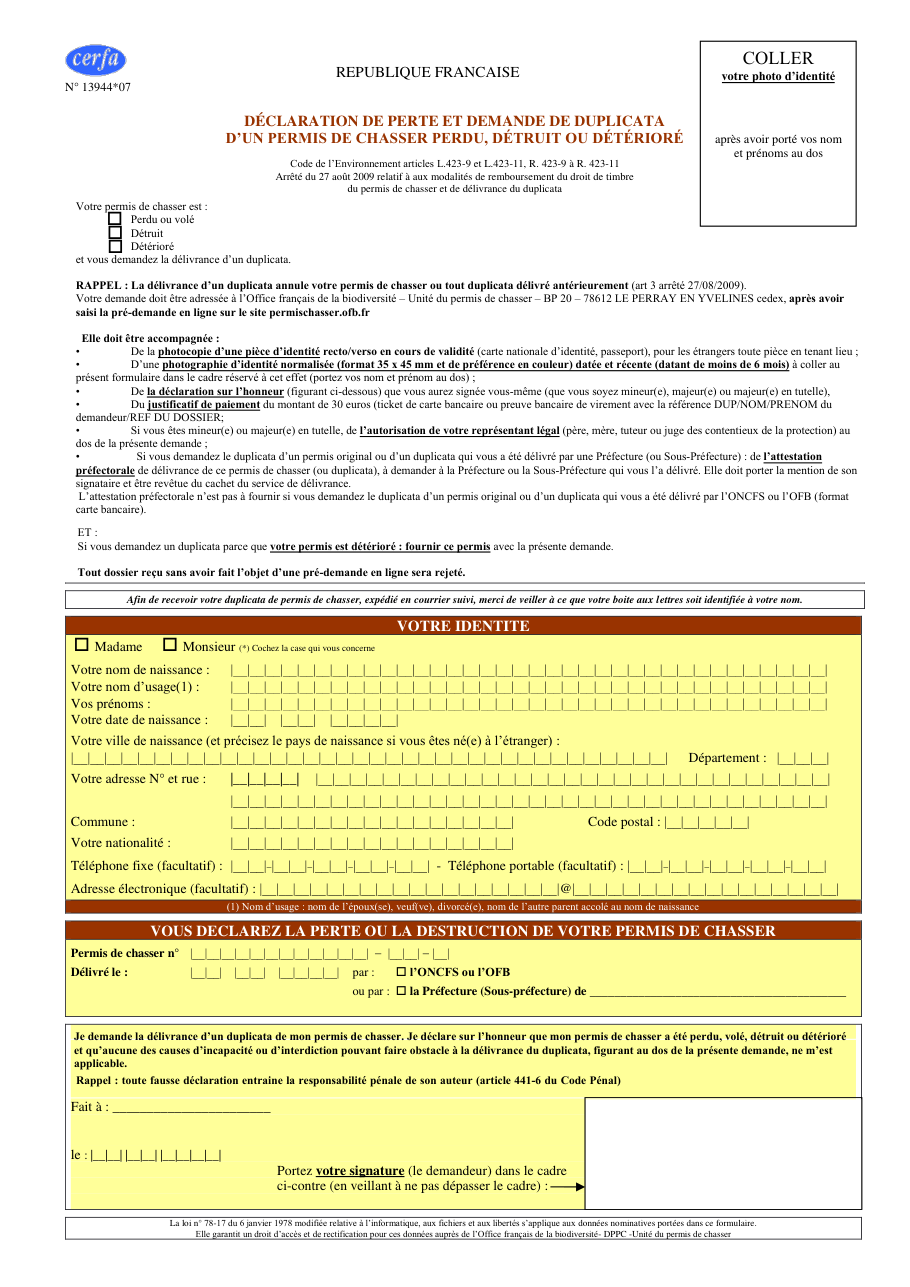 Page 1 du formulaire cerfa 13944 — Duplicata d'un permis de chasser perdu, volé, détruit ou détérioré