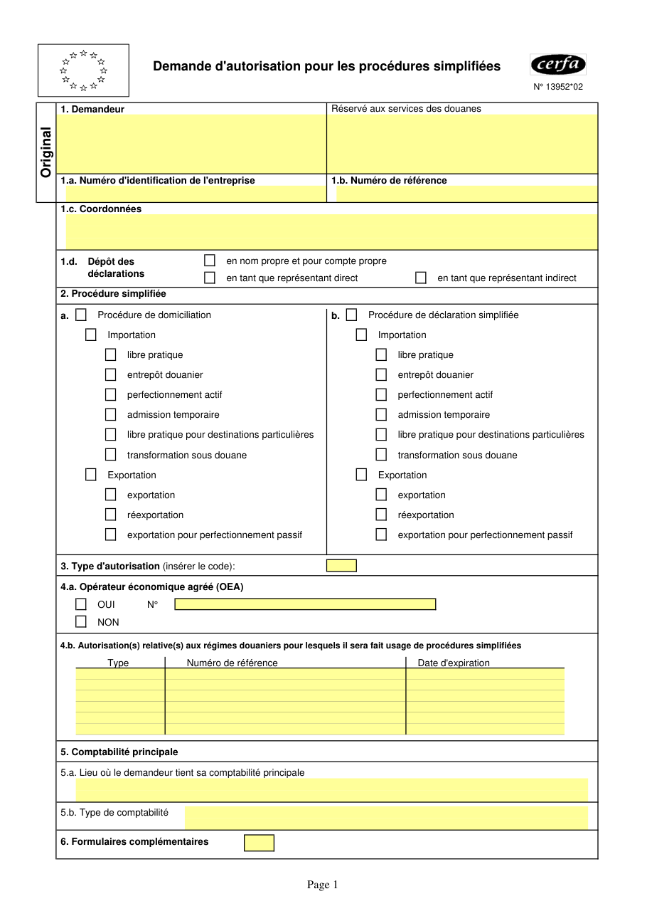 Page 1 du formulaire cerfa 13952 — Demande d'autorisation pour les procédures simplifiées