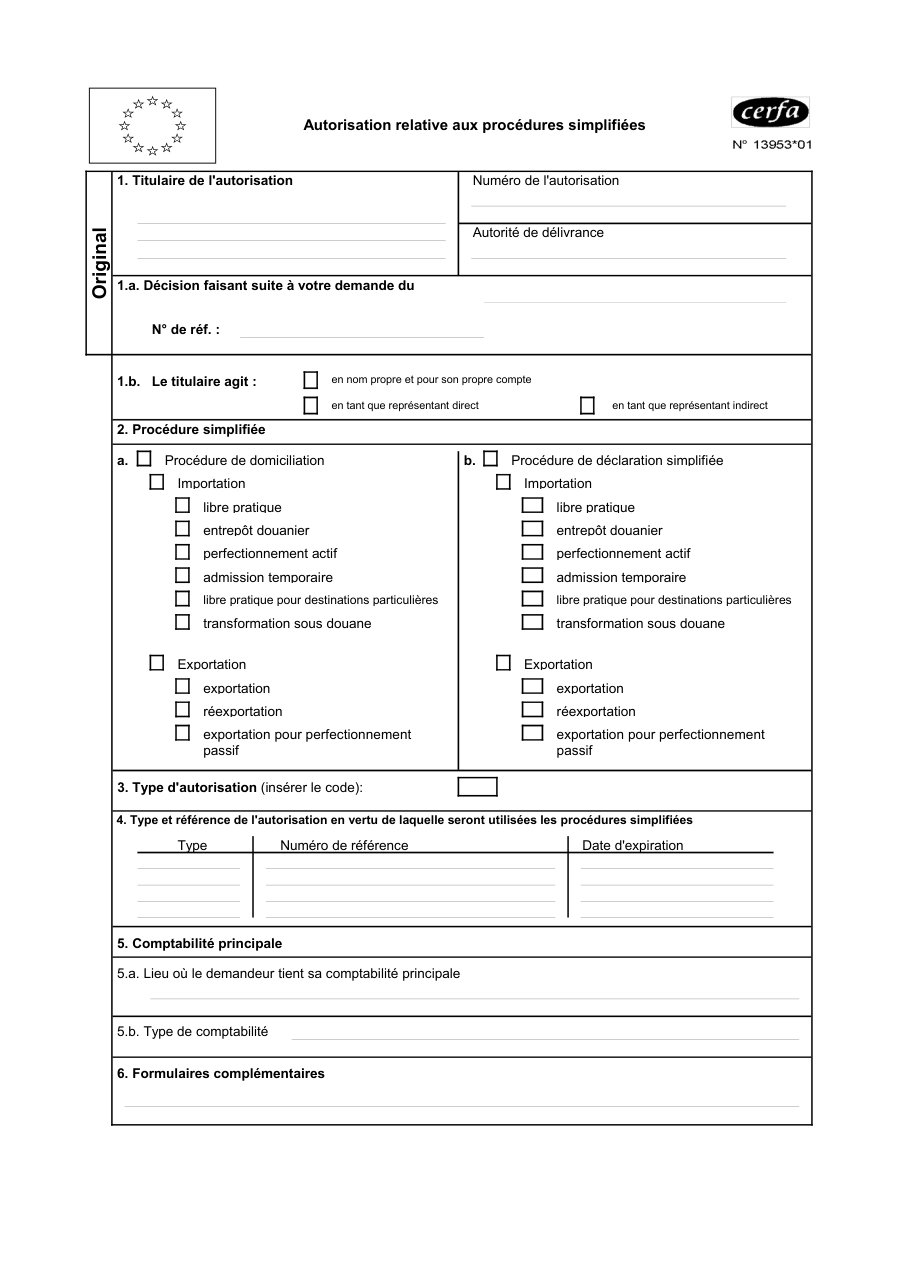 Page 1 du formulaire cerfa 13953 — Autorisation relative aux procédures simplifiées