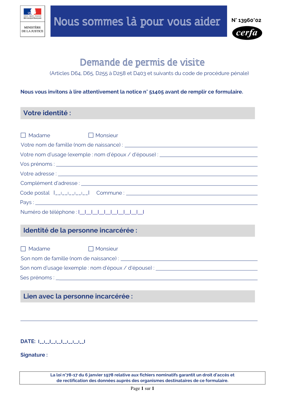 Page 1 du formulaire cerfa 13960 — Demande de permis de visite