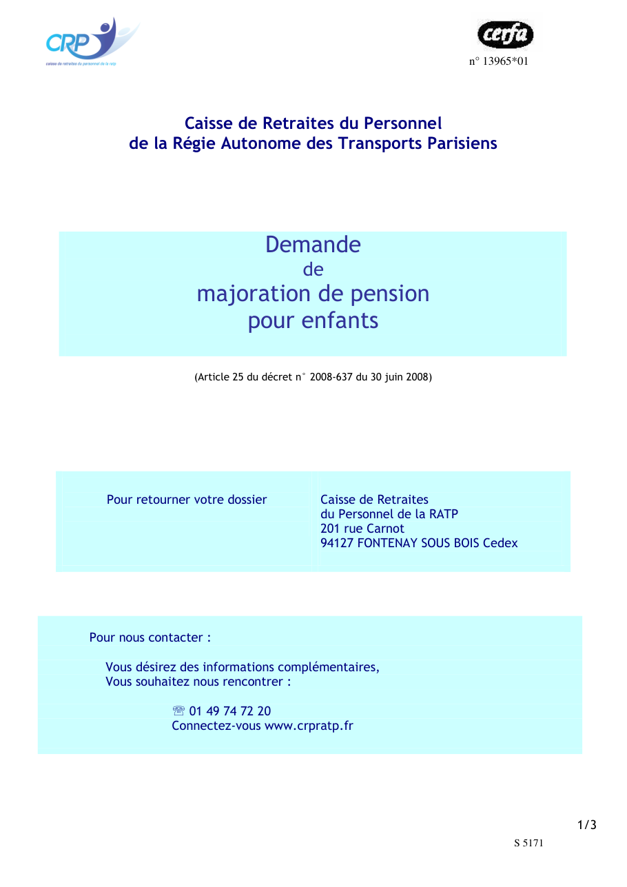 Page 1 du formulaire cerfa 13965 — Majoration de pension pour enfants