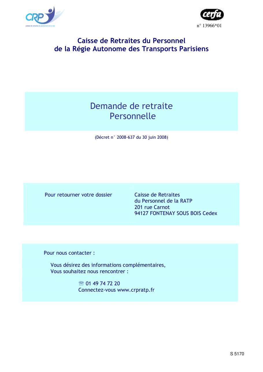 Page 1 du formulaire cerfa 13966 — Demande de retraite personnelle