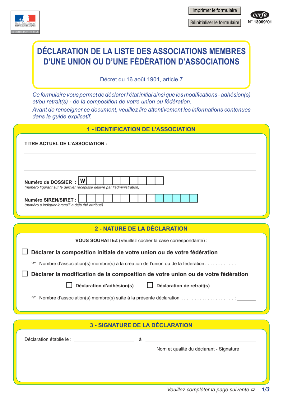 Page 1 du formulaire cerfa 13969 — Déclaration de la liste des associations membres d'une union ou d'une fédération d'associations