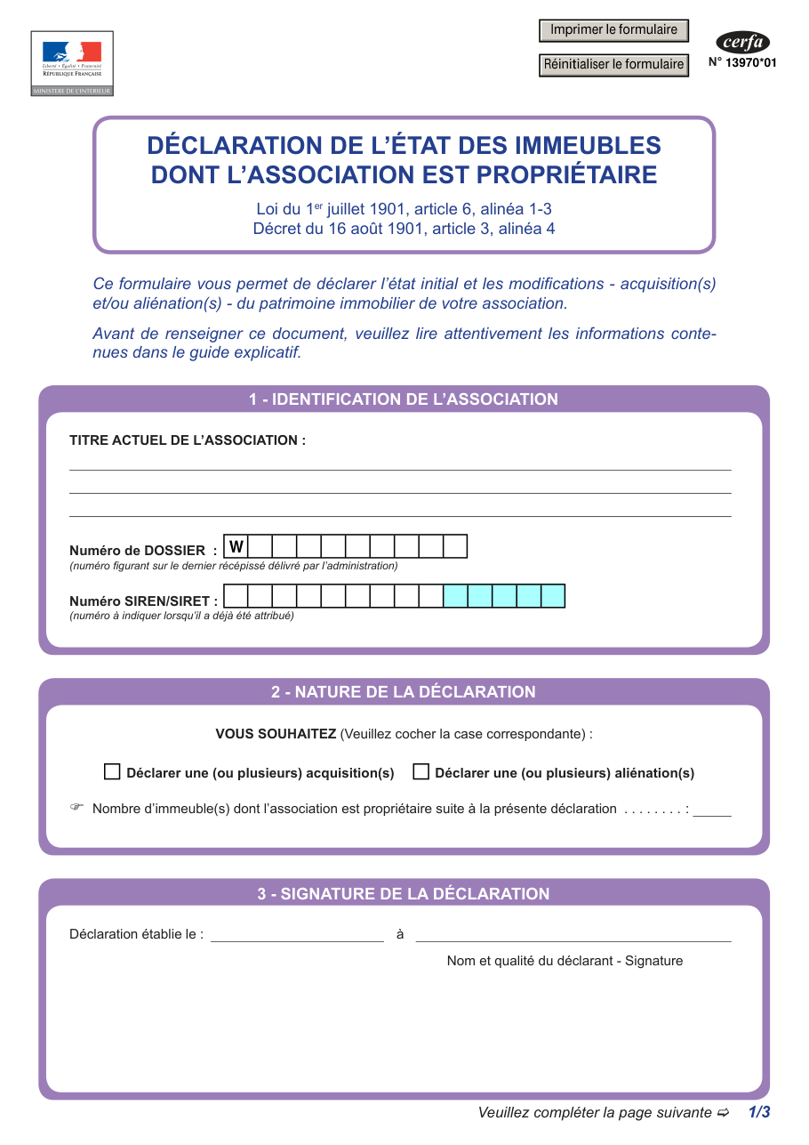 Page 1 du formulaire cerfa 13970 — Déclarer les immeubles dont une association est propriétaire