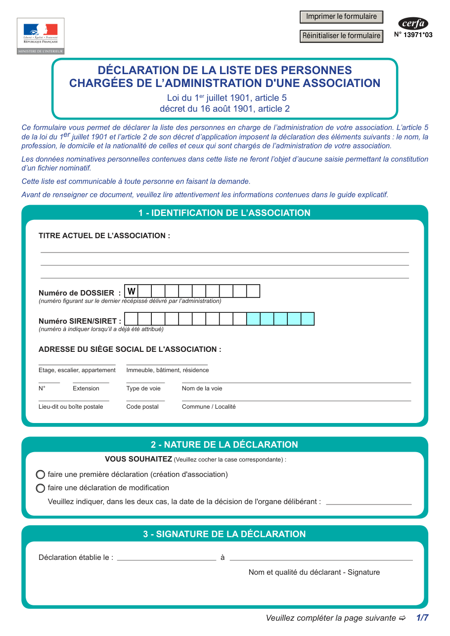 Page 1 du formulaire cerfa 13971 — Déclaration de la liste des personnes chargées de l'administration d'une association