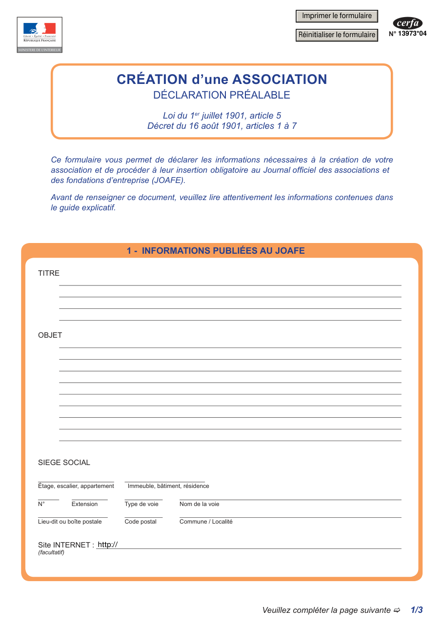 Page 1 du formulaire cerfa 13973 — Création d’une association