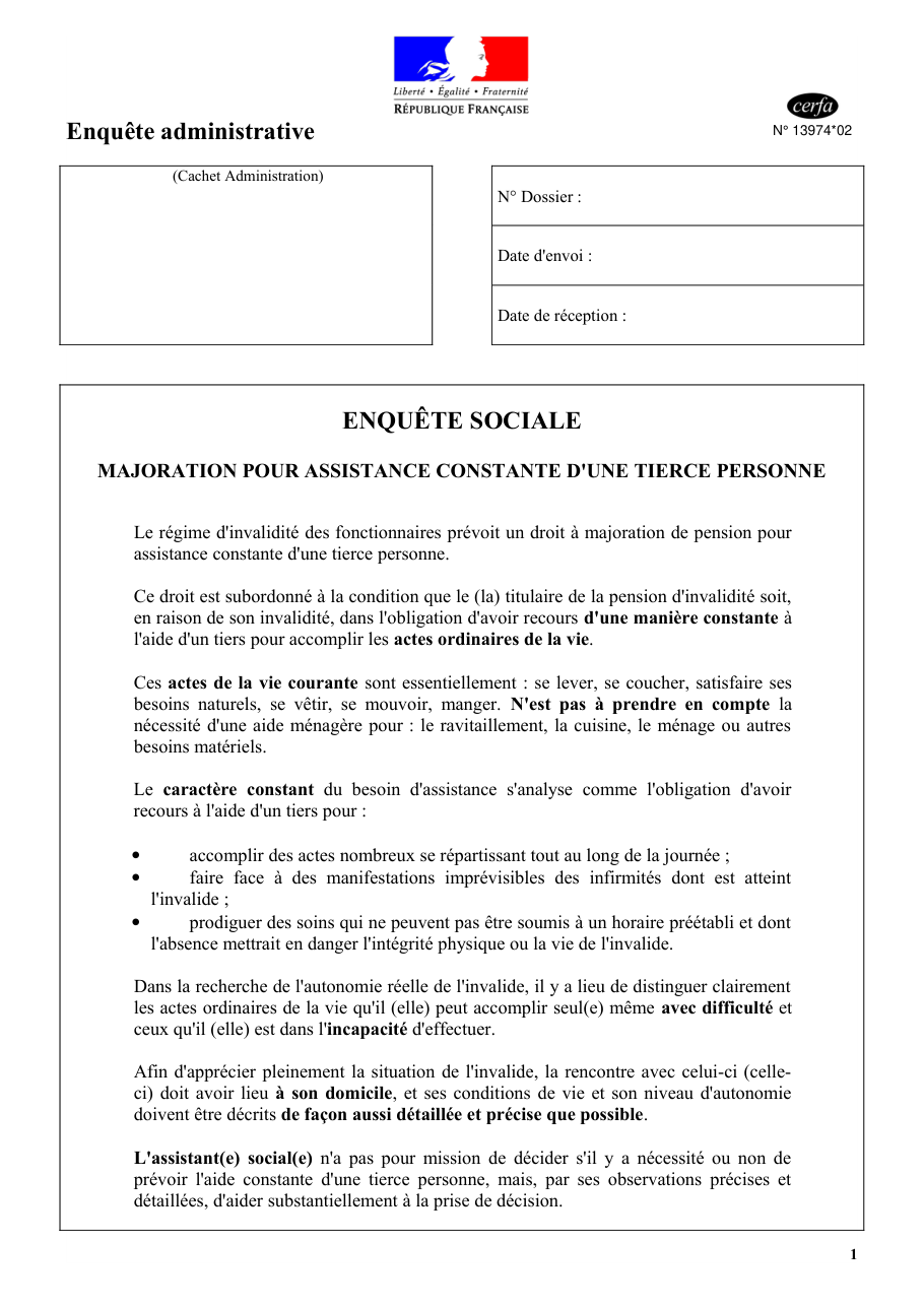 Page 1 du formulaire cerfa 13974 — Enquête administrative majoration tierce personne