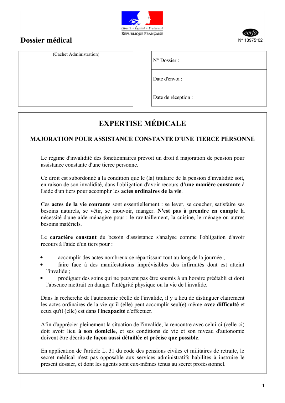 Page 1 du formulaire cerfa 13975 — Expertise médicale majoration tierce personne