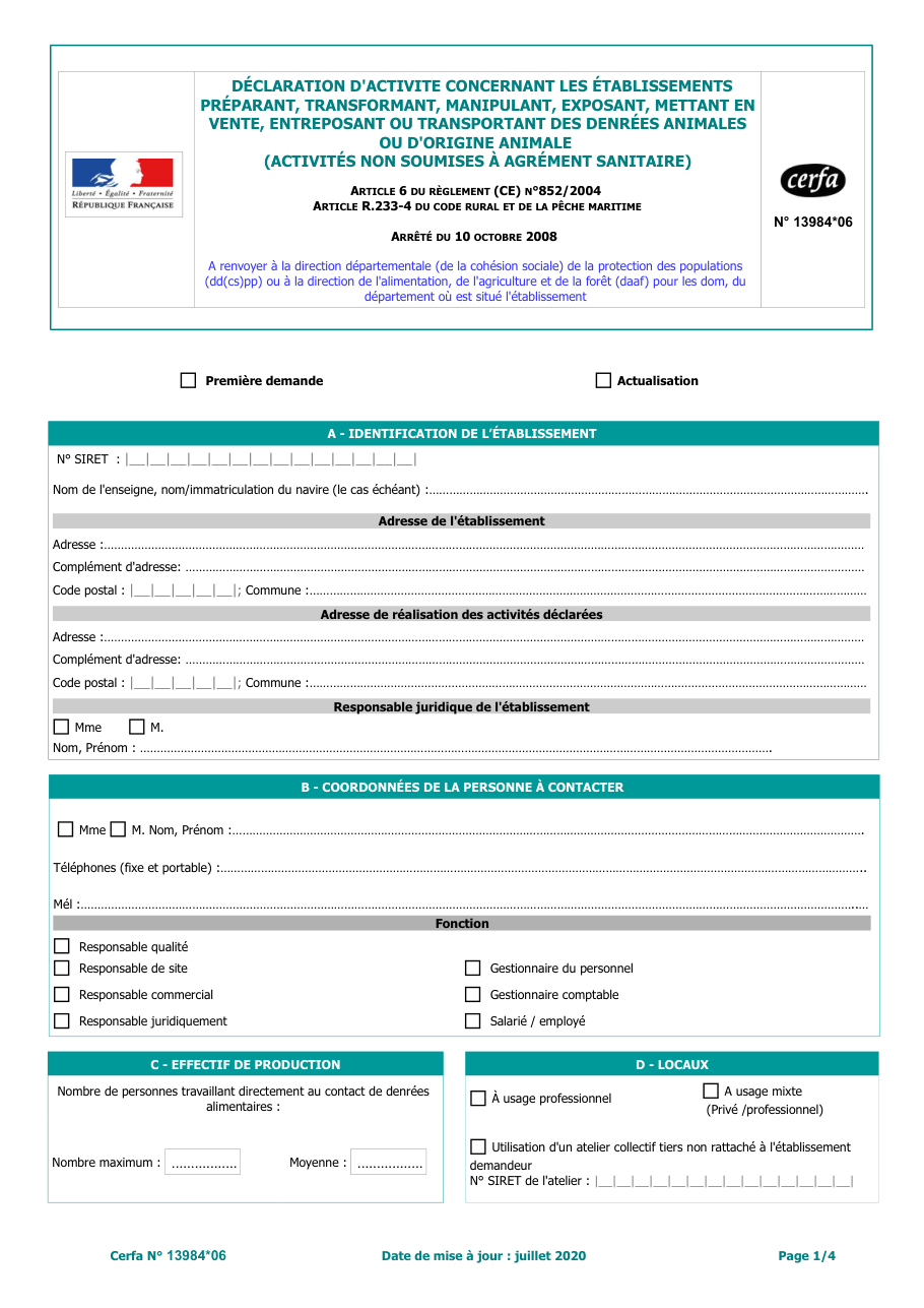 Page 1 du formulaire cerfa 13984 — Déclaration d'activité liée aux denrées animales ou d'origine animale