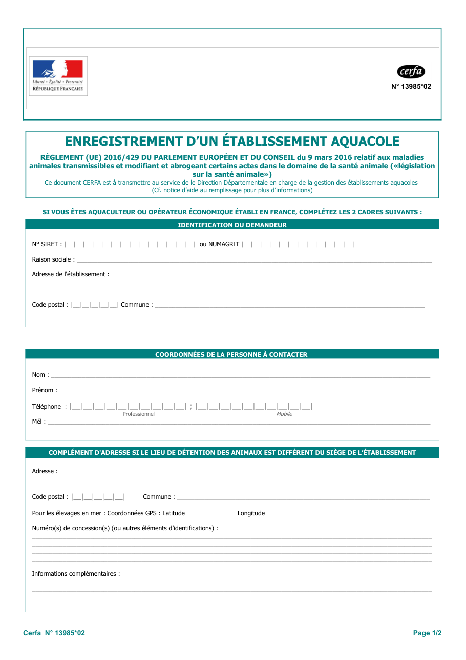 Page 1 du formulaire cerfa 13985 — Demande d'agrément zoosanitaire (exploitation aquacole ou établissement de transformation)