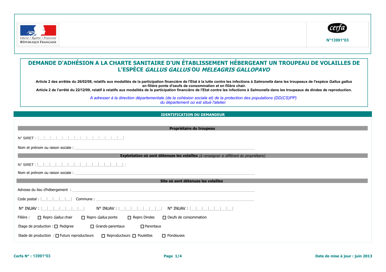 Page 1 du formulaire cerfa 13991 — Demande d'adhésion à la charte sanitaire d'un établissement hébergeant un troupeau de volailles de l'espèce