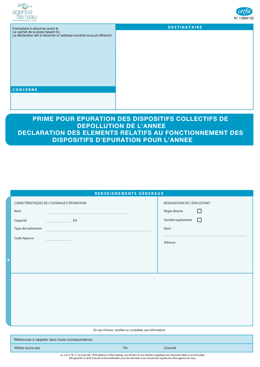 Page 1 du formulaire cerfa 13994 — Prime pour épuration des dispositifs collectifs de dépollution - déclaration des éléments