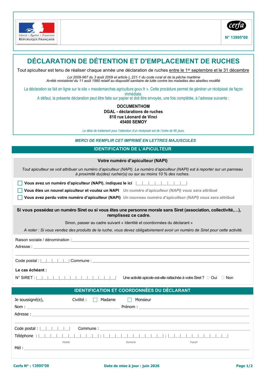 Page 1 du formulaire cerfa 13995 — Déclaration de détention et d'emplacement de ruches