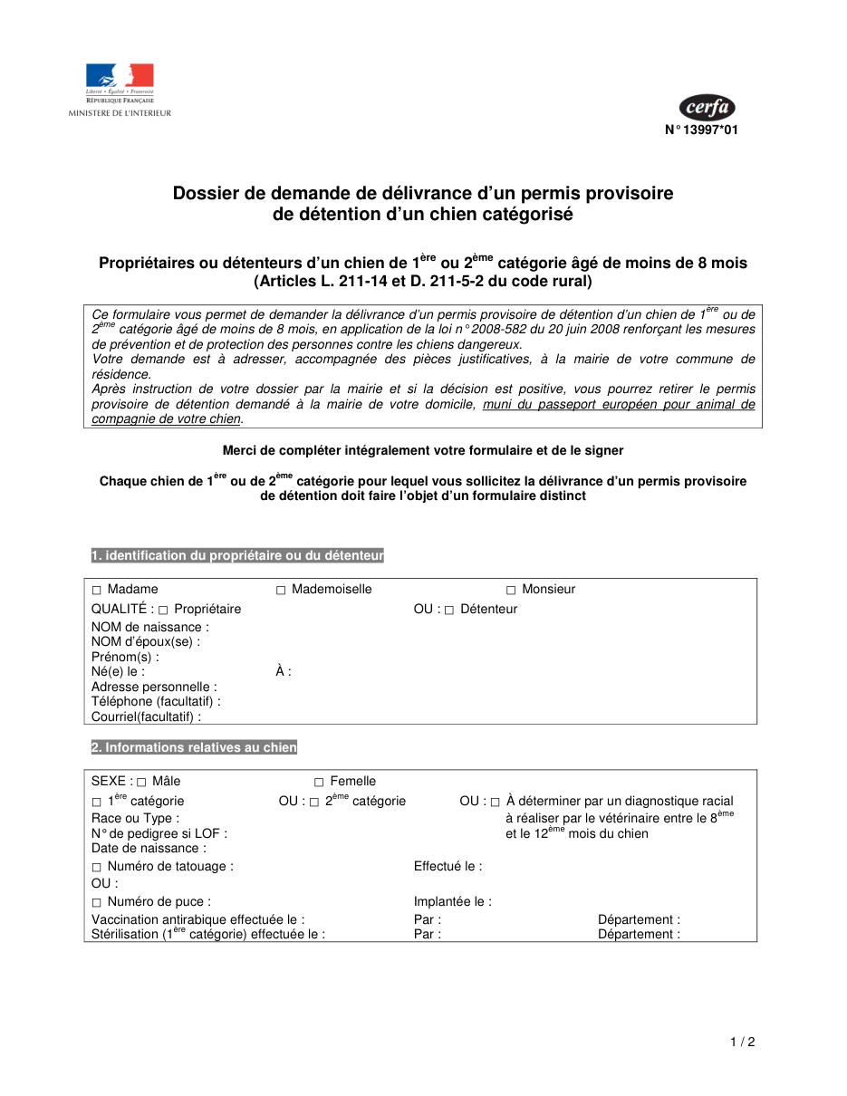 Page 1 du formulaire cerfa 13997 — Dossier de demande de délivrance d'un permis provisoire de détention d'un chien catégorisé