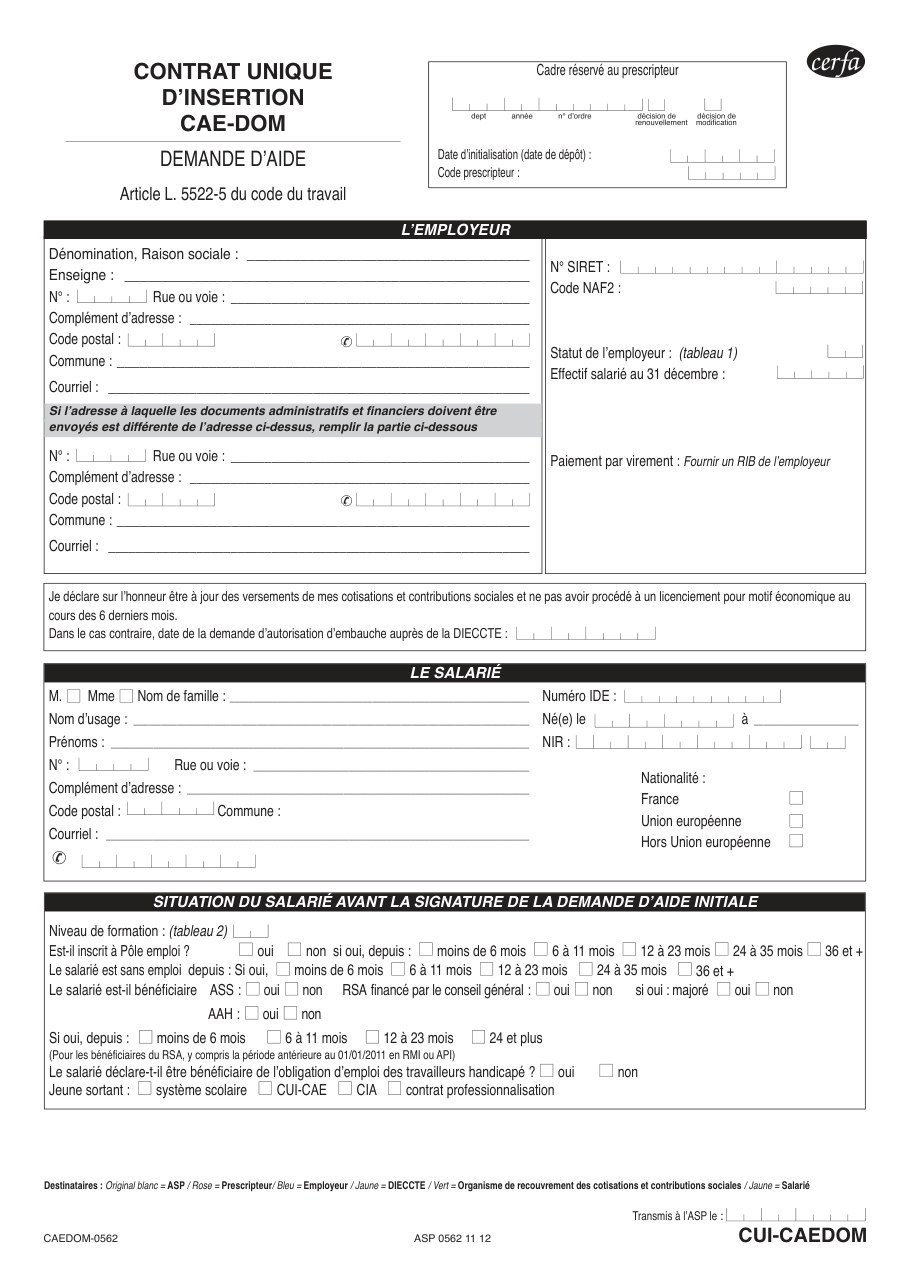 Page 1 du formulaire cerfa 13998 — Contrat unique d’insertion