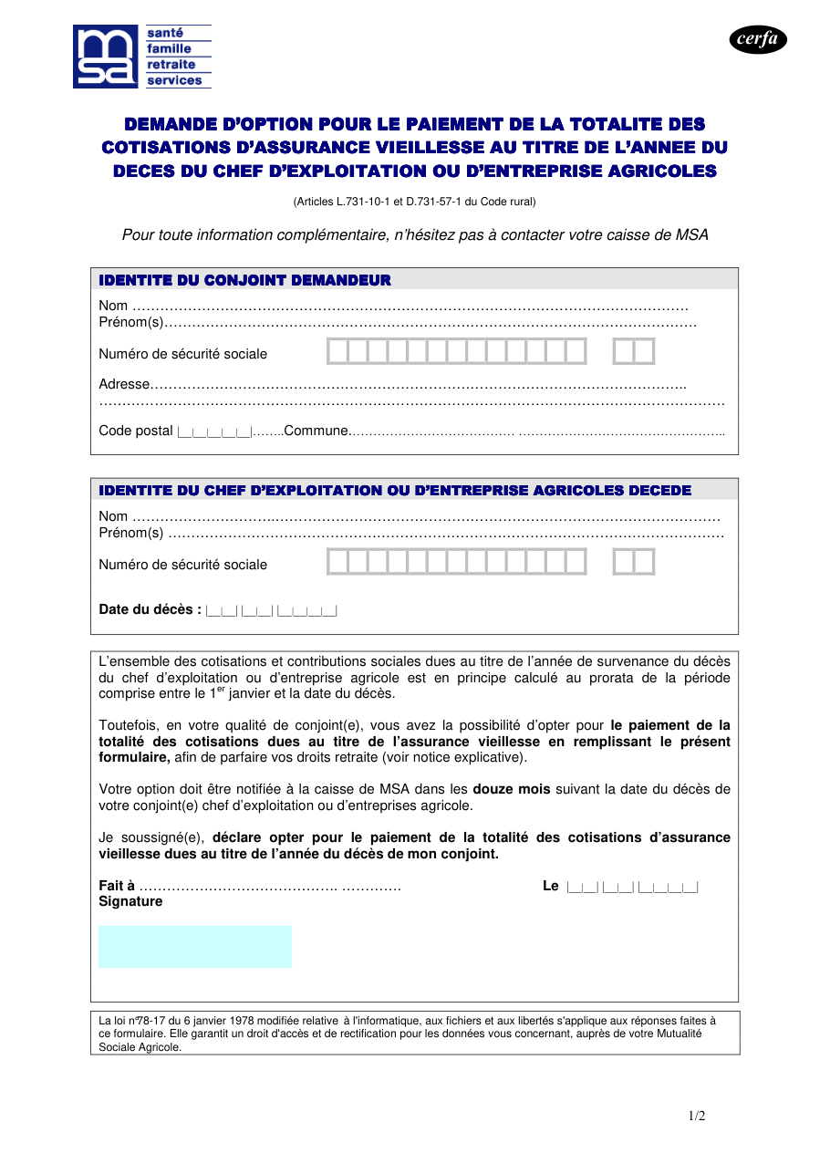 Page 1 du formulaire cerfa 14010 — Demande d'option pour le paiement de la totalité des cotisations d'assurance vieillesse