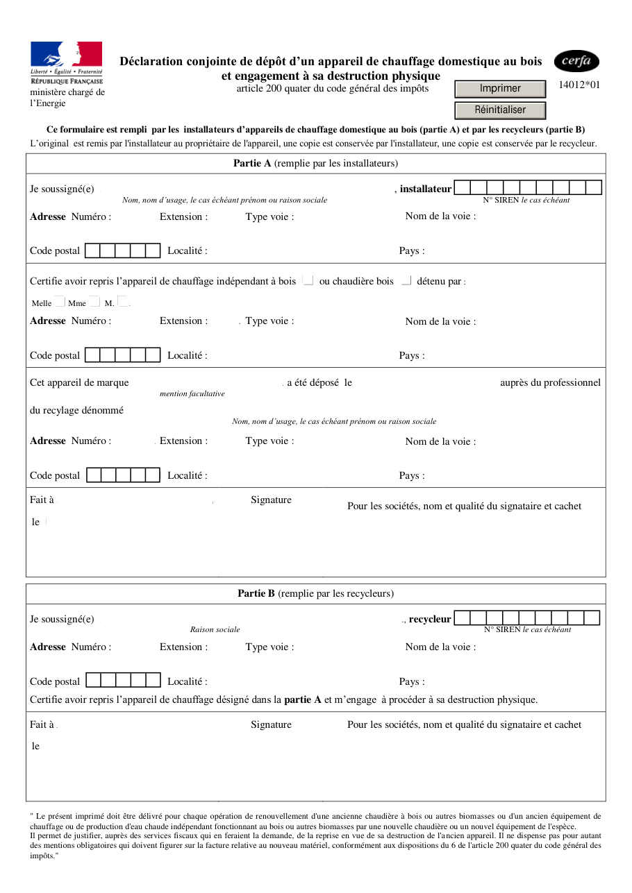 Page 1 du formulaire cerfa 14012 — Déclaration conjointe de dépôt d'un appareil de chauffage domestique au bois et engagement à sa destruction