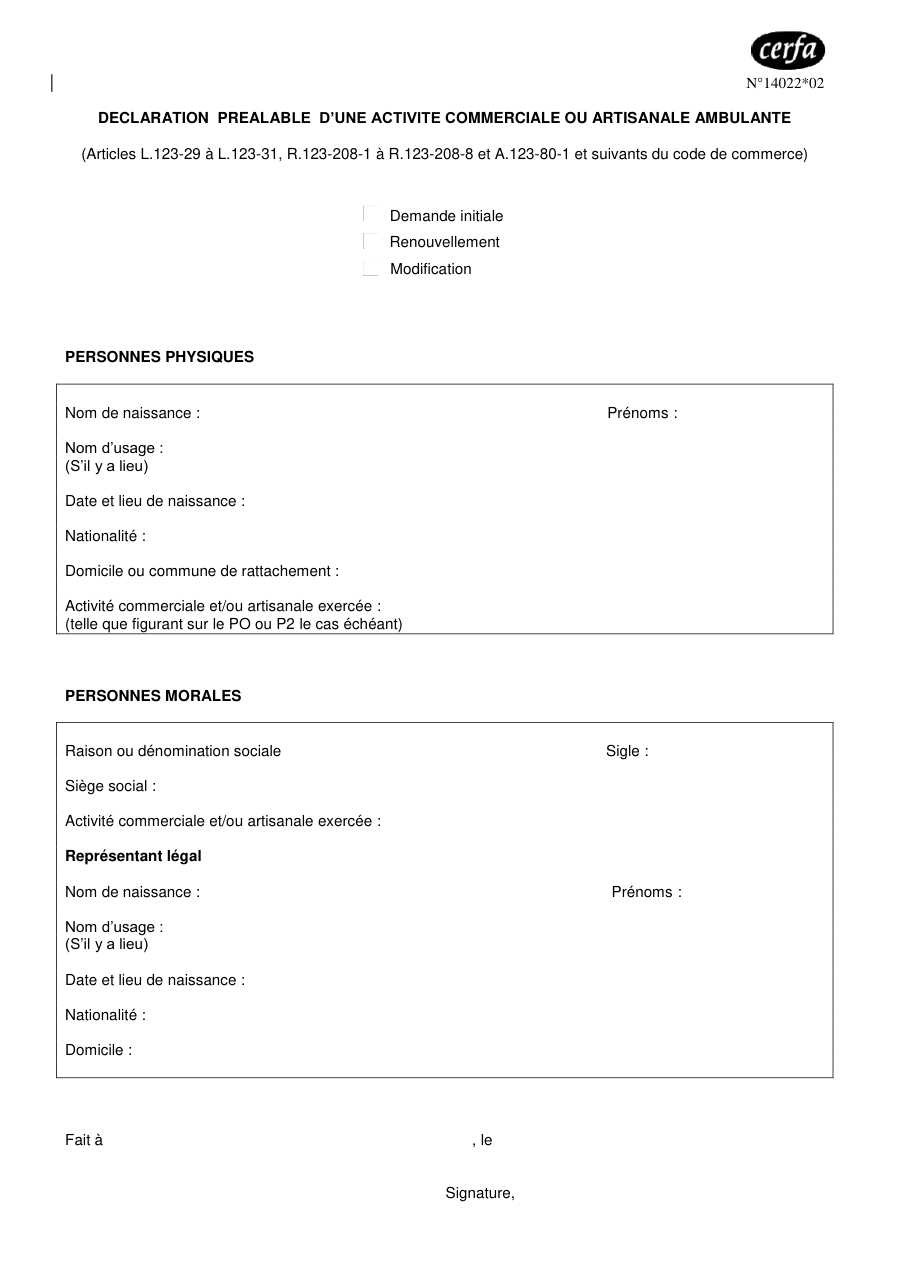 Page 1 du formulaire cerfa 14022 — Déclaration préalable d'une activité commerciale ou artisanale ambulante
