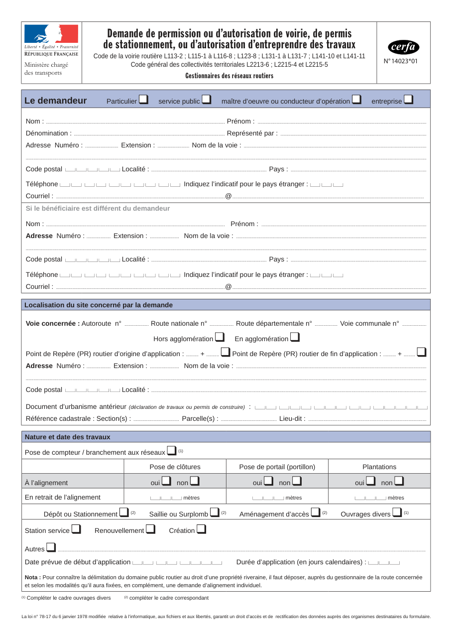 Page 1 du formulaire cerfa 14023 — Demande de permission ou d'autorisation de voirie, de permis de stationnement, ou d'autorisation
