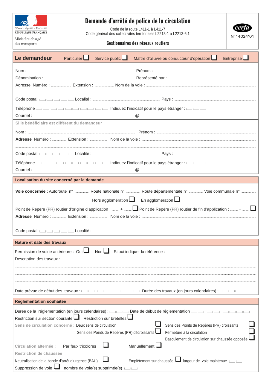 Page 1 du formulaire cerfa 14024 — Demande d'arrêté de police de la circulation