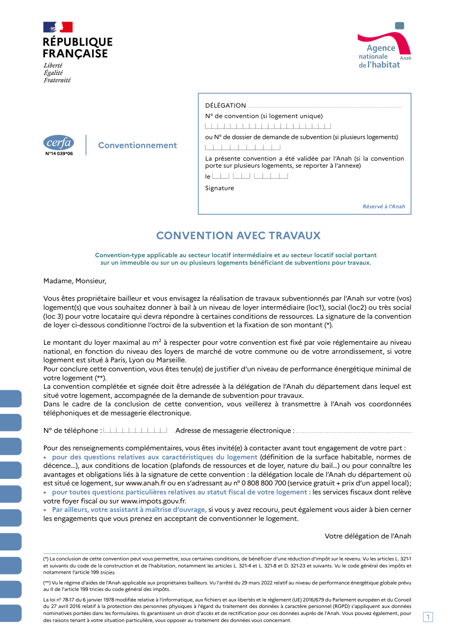 Page 1 du formulaire cerfa 14039 — Convention Anah avec travaux