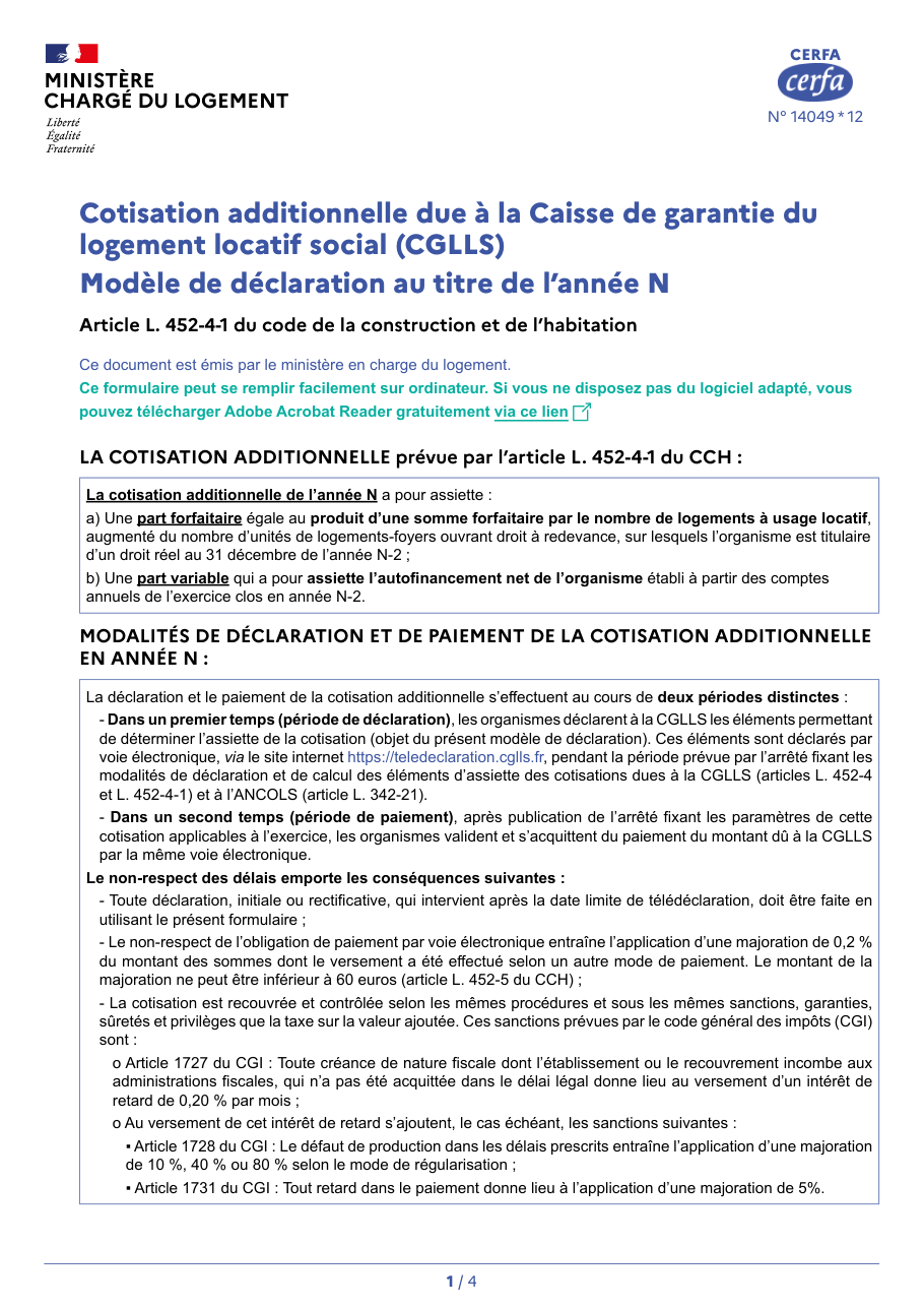 Page 1 du formulaire cerfa 14049 — Cotisation additionnelle due à la Caisse de garantie du logement locatif social (CGLLS) — modèle de déclaration