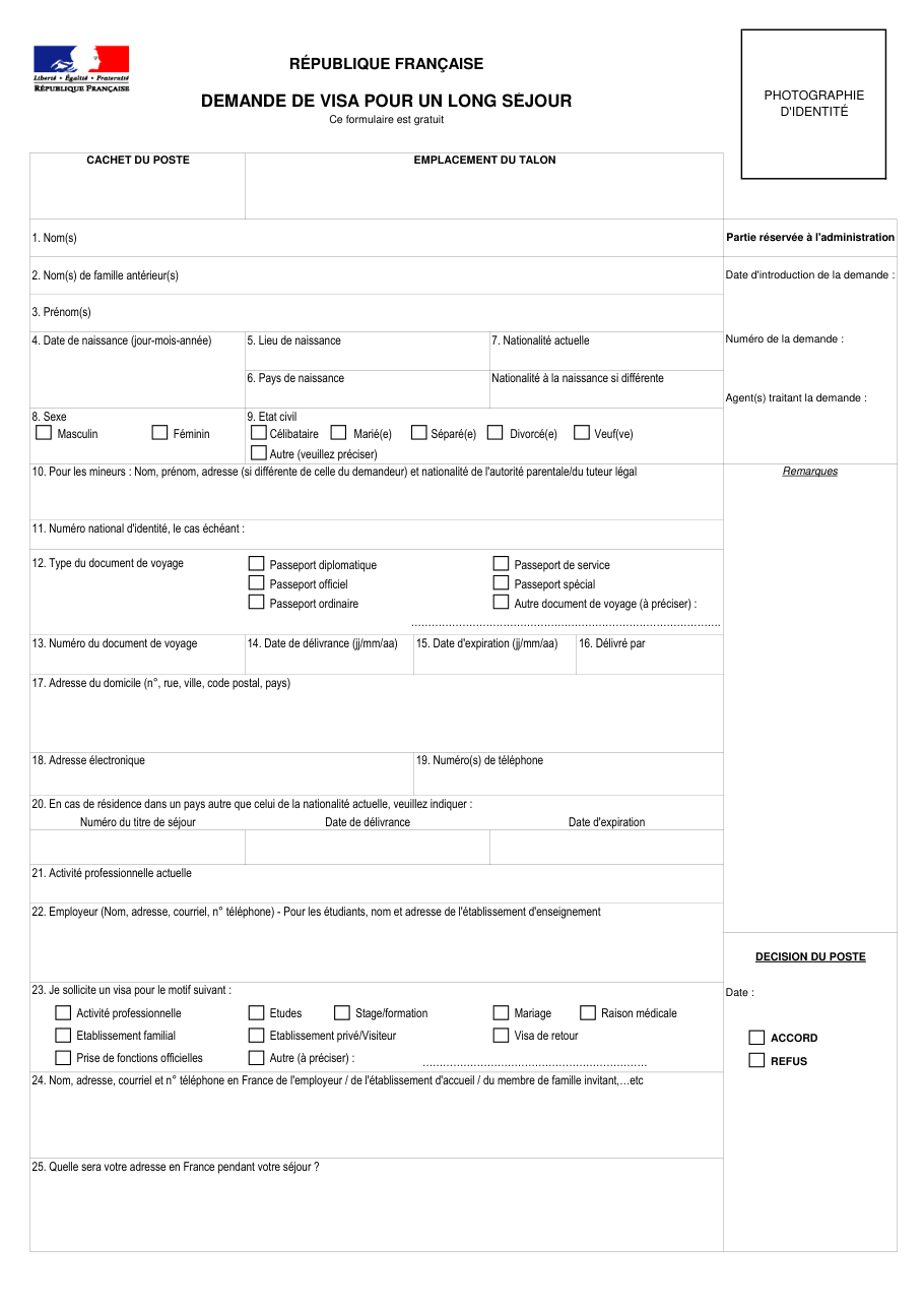 Page 1 du formulaire cerfa 14052 — Demande de visa pour un long séjour
