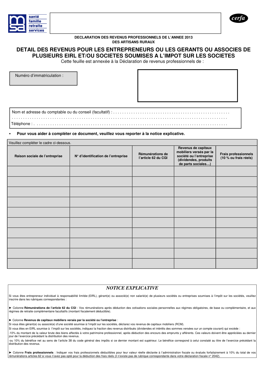 Page 1 du formulaire cerfa 14064 — Détail des revenus pour les entrepreneurs ou les gérants ou associés de plusieurs EIRL et/ou societes soumises