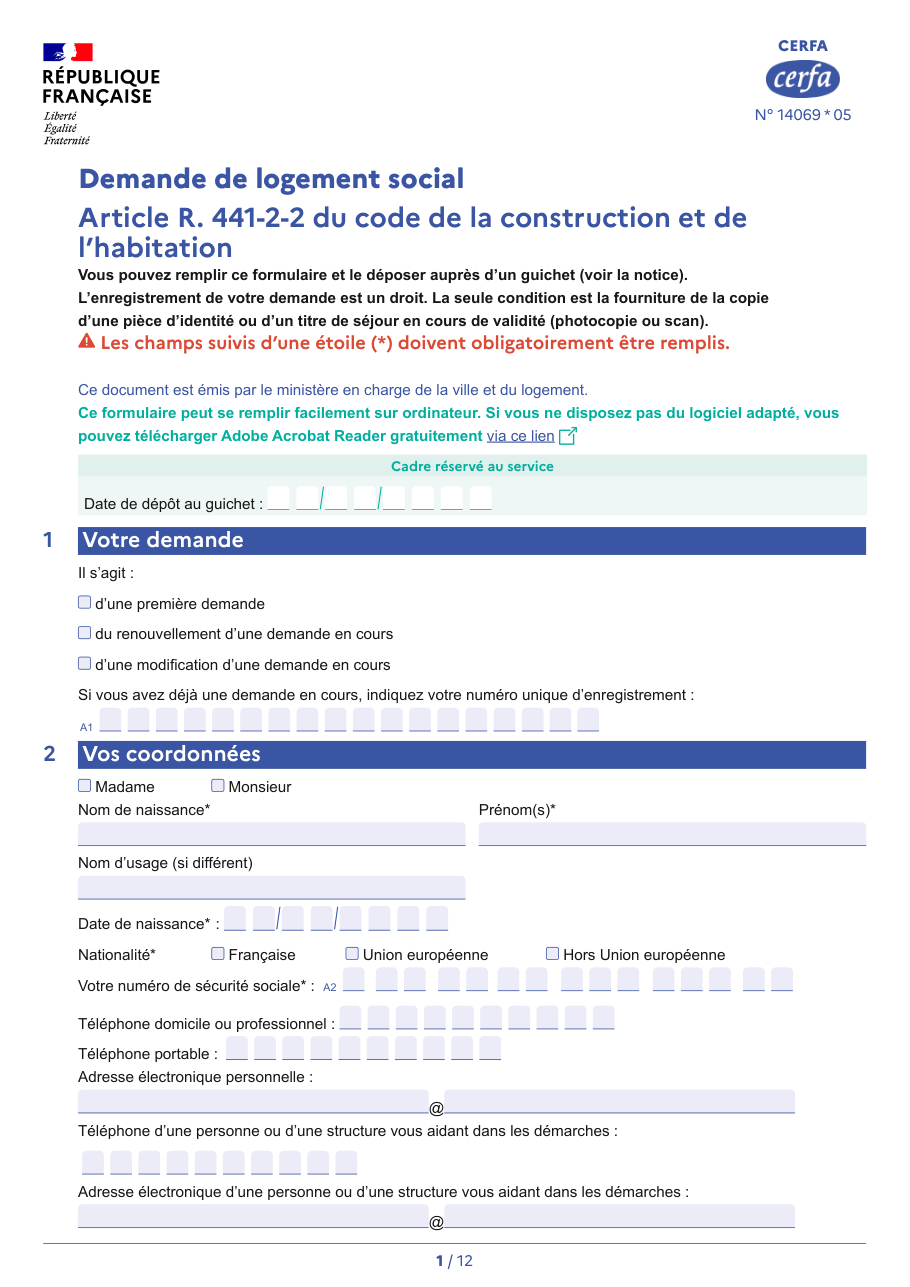 Page 1 du formulaire cerfa 14069*05 — Demande de logement social (HLM)