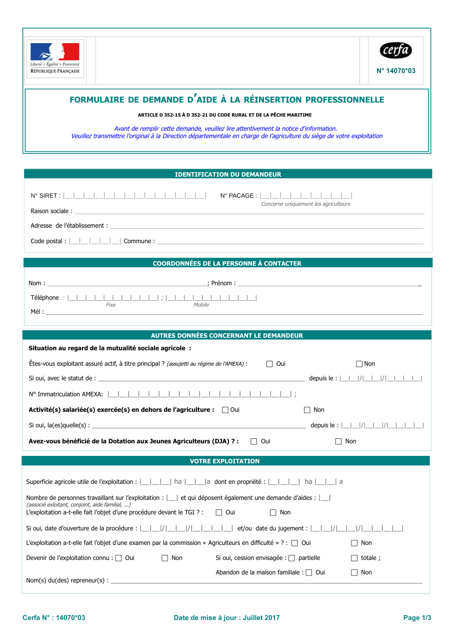 Page 1 du formulaire cerfa 14070 — Demande d'aide à la réinsertion professionnelle des agriculteurs en difficulté