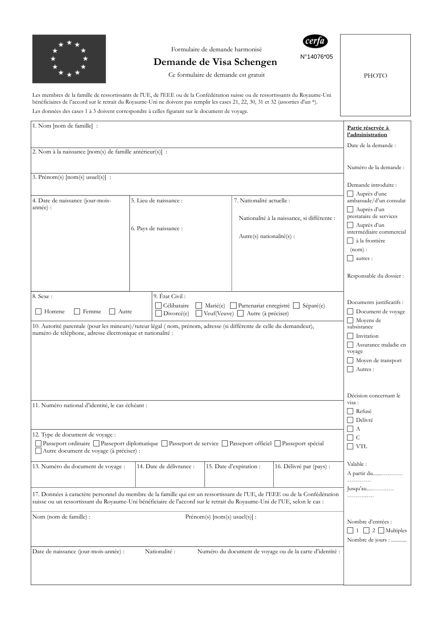 Page 1 du formulaire cerfa 14076 — Demande de Visa Schengen