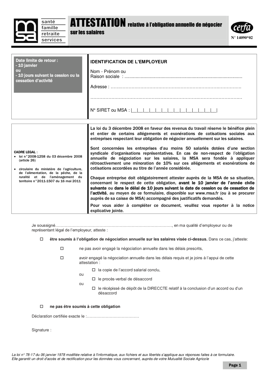 Page 1 du formulaire cerfa 14090 — Attestation relative à l'obligation annuelle de négocier sur les salaires
