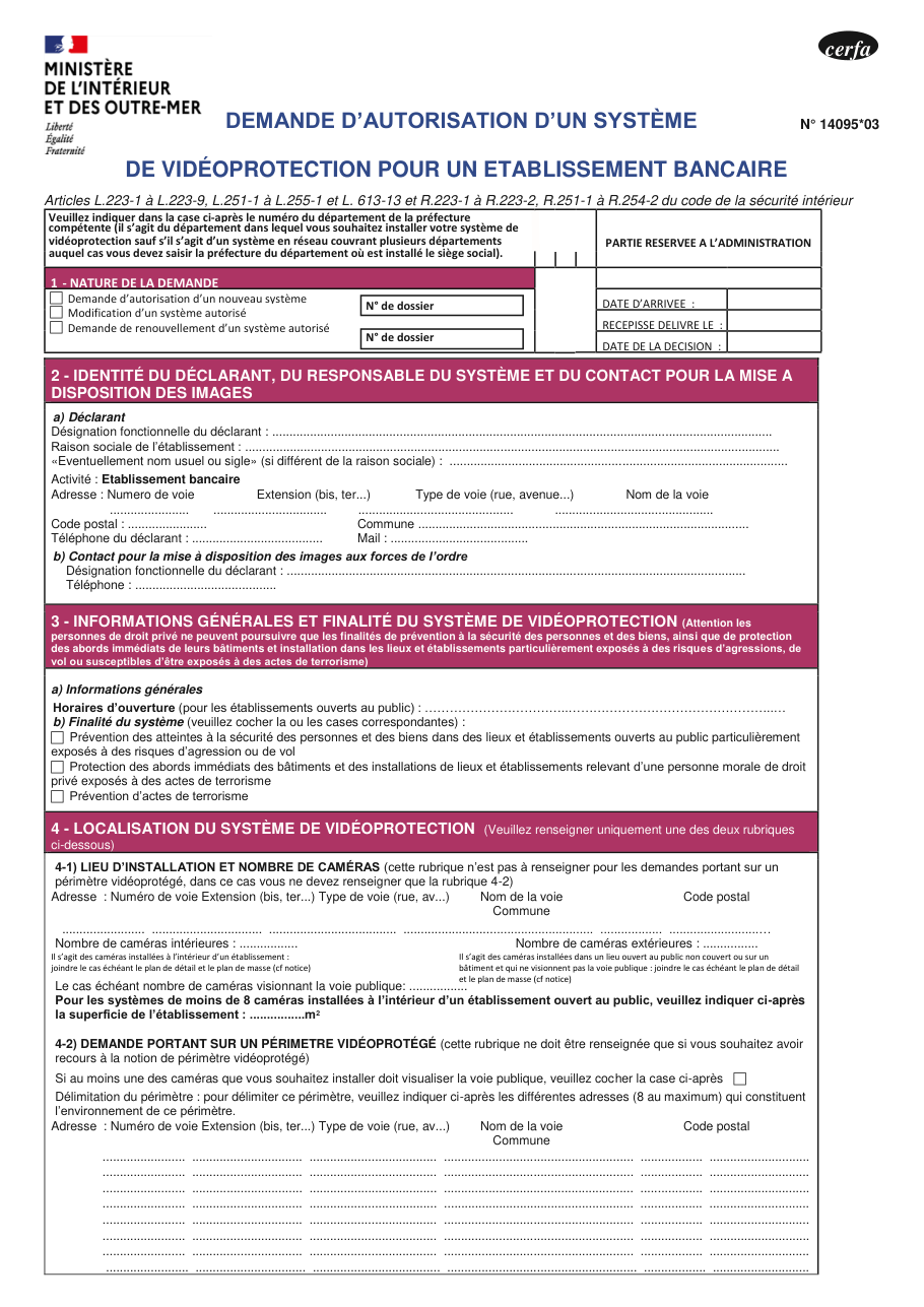 Page 1 du formulaire cerfa 14095 — Demande d'autorisation d'un système de vidéoprotection pour un établissement bancaire
