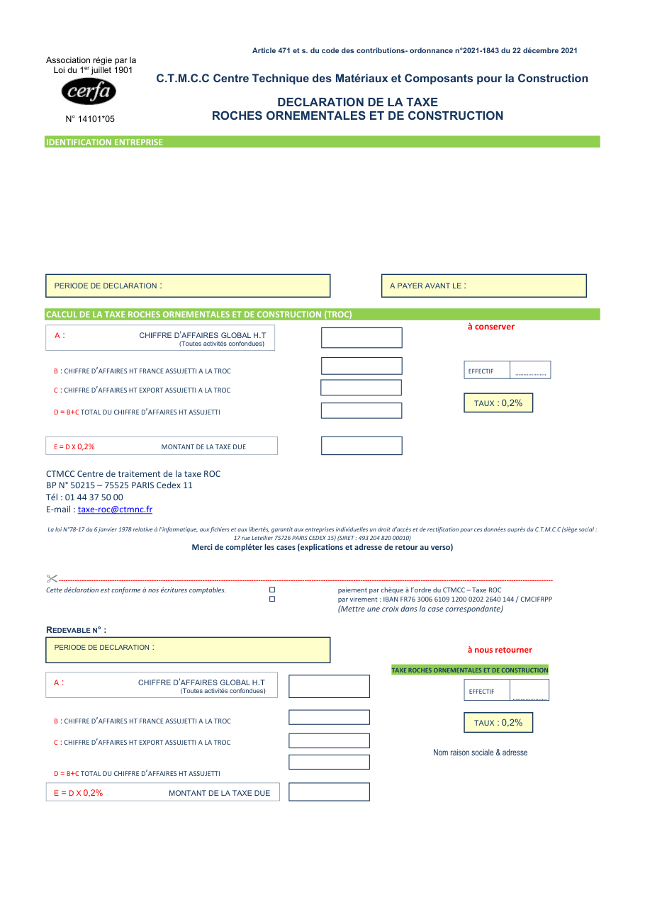 Page 1 du formulaire cerfa 14101 — Déclaration de la taxe roches ornementales et de construction (TROC)