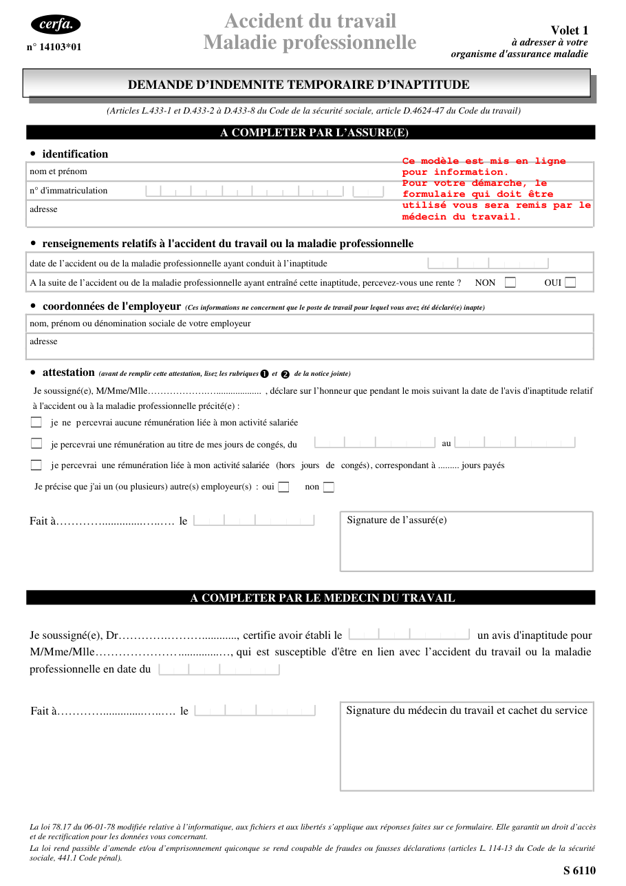 Page 1 du formulaire cerfa 14103 — Accident du travail Maladie professionnelle