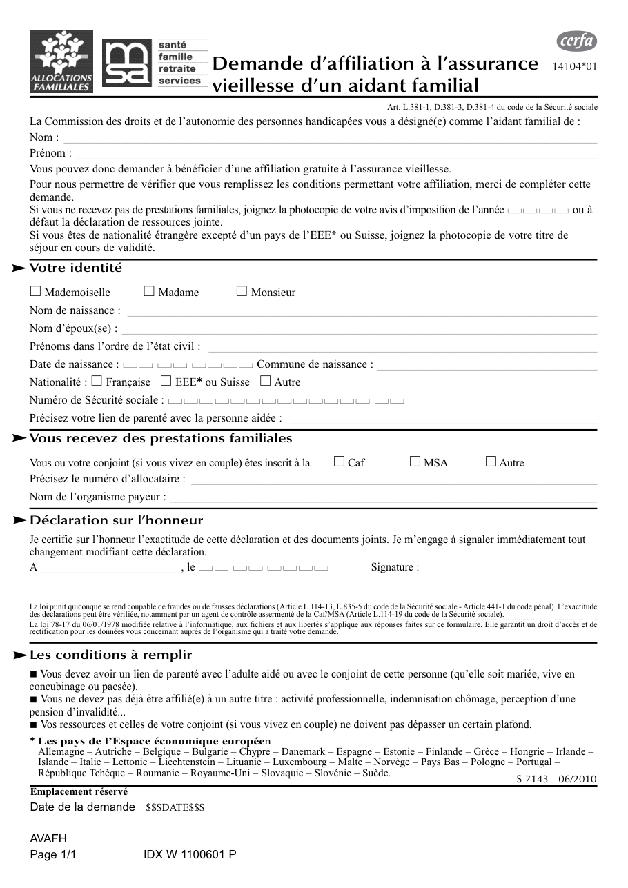 Page 1 du formulaire cerfa 14104 — Demande d'affiliation à l'assurance vieillesse d'un aidant familial