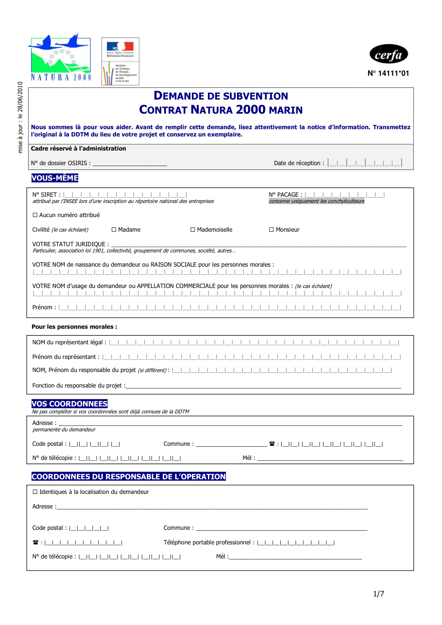 Page 1 du formulaire cerfa 14111 — Demande de subvention, contrat Natura 2000 marin